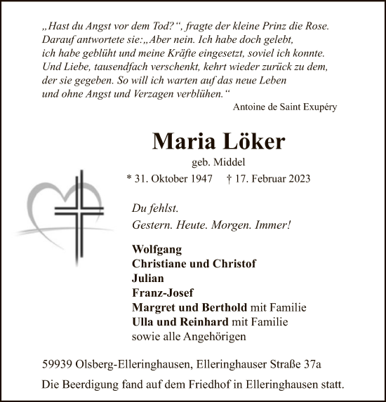Traueranzeige von Maria Löker von WA