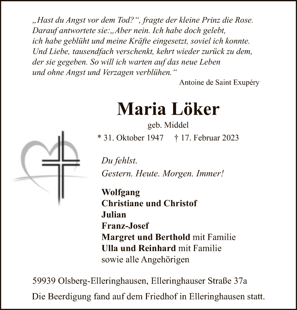  Traueranzeige für Maria Löker vom 25.02.2023 aus WA