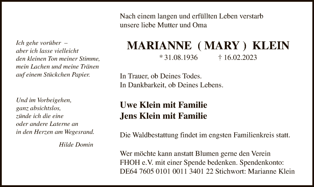  Traueranzeige für Marianne Klein vom 25.02.2023 aus WA
