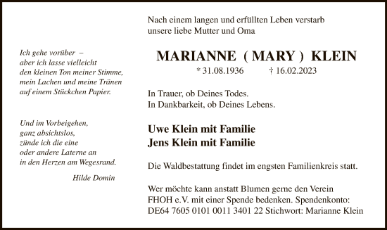 Traueranzeige von Marianne Klein von WA