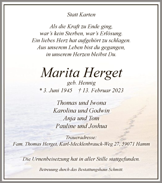 Traueranzeige von Marita Herget von WA