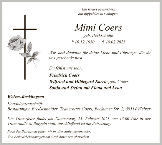 Traueranzeige von Mimi Coers von WA
