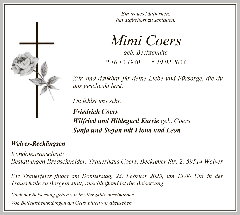  Traueranzeige für Mimi Coers vom 21.02.2023 aus WA