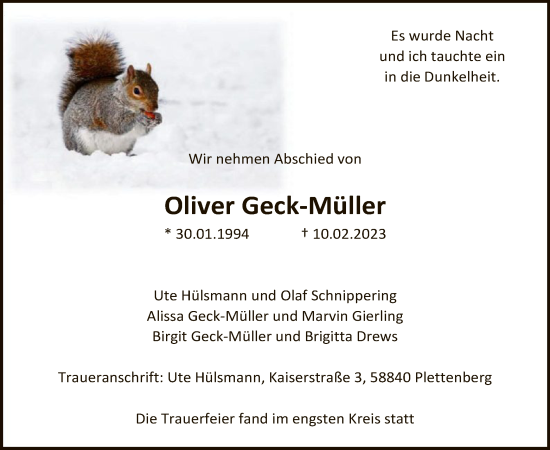 Traueranzeige von Oliver Geck-Müller von WA