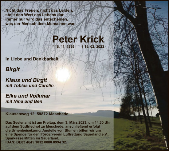 Traueranzeige von Peter Krick von WA