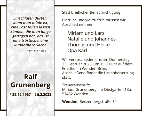 Traueranzeige von Ralf Grunenberg von WA