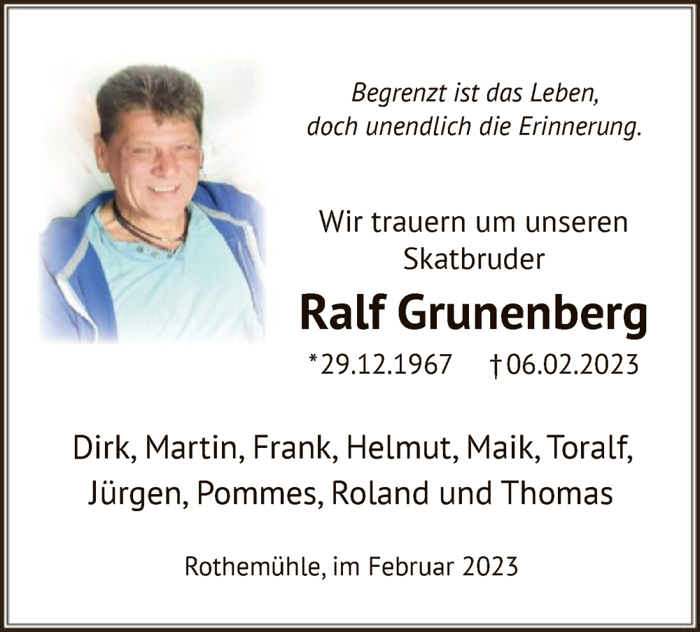  Traueranzeige für Ralf Grunenberg vom 18.02.2023 aus WA