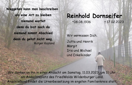 Traueranzeige von Reinhold Dornseifer von WA