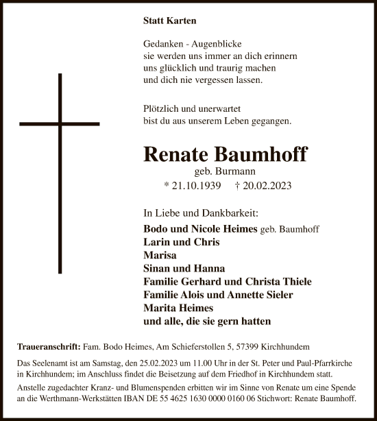 Traueranzeige von Renate Baumhoff von WA