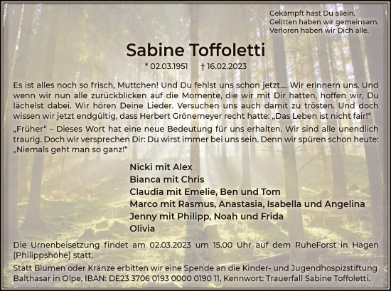Traueranzeige von Sabine Toffoletti von WA