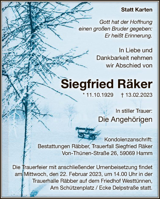 Traueranzeige von Siegfried Räker von WA