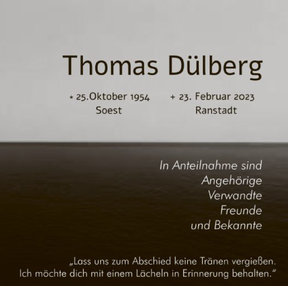  Traueranzeige für Thomas Dülberg vom 25.02.2023 aus WA