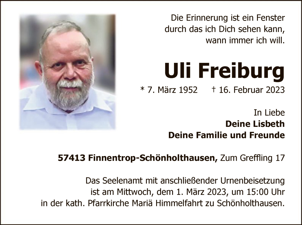  Traueranzeige für Uli Freiburg vom 25.02.2023 aus WA