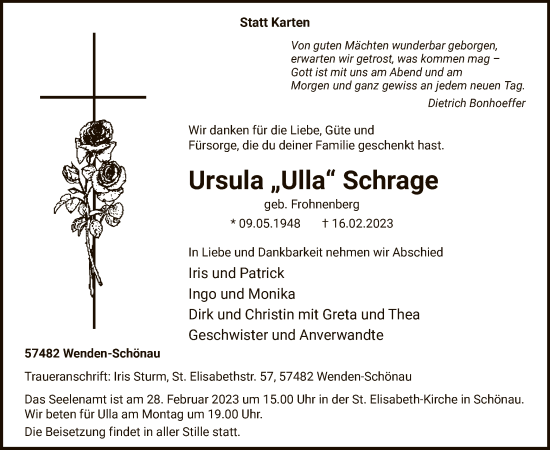 Traueranzeige von Ursula Schrage von WA
