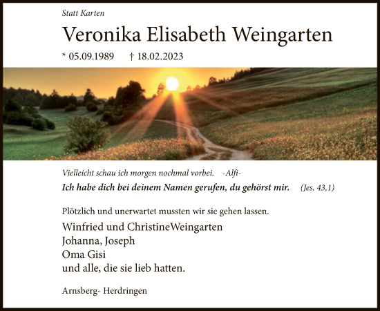Traueranzeige von Veronika Elisabeth Weingarten von WA