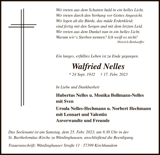 Traueranzeige von Walfried Nelles von WA