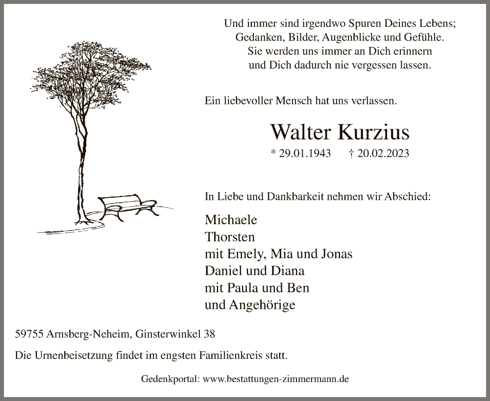  Traueranzeige für Walter Kurzius vom 25.02.2023 aus WA