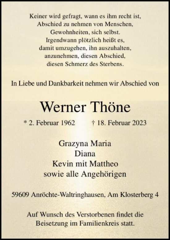 Traueranzeige von Werner Thöne von WA