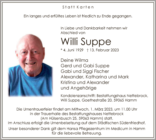 Traueranzeige von Willi Suppe von WA