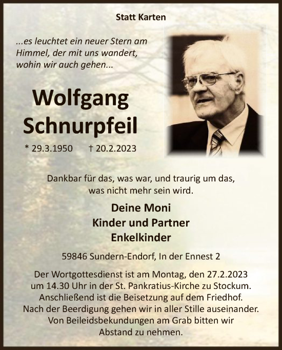 Traueranzeige von Wolfgang Schnurpfeil von WA