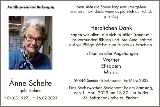 Traueranzeige von Änne Schelte von WA