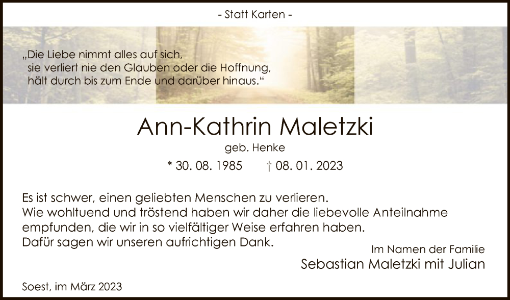  Traueranzeige für Ann-Kathrin Maletzki vom 04.03.2023 aus WA