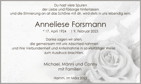 Traueranzeige von Anneliese Forsmann von WA