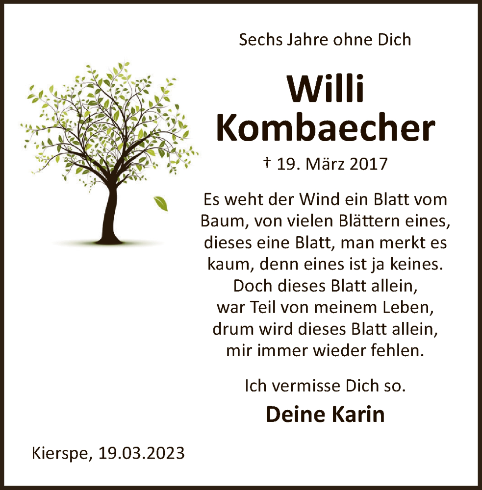  Traueranzeige für Willi Kombaecher vom 19.03.2023 aus MZV 