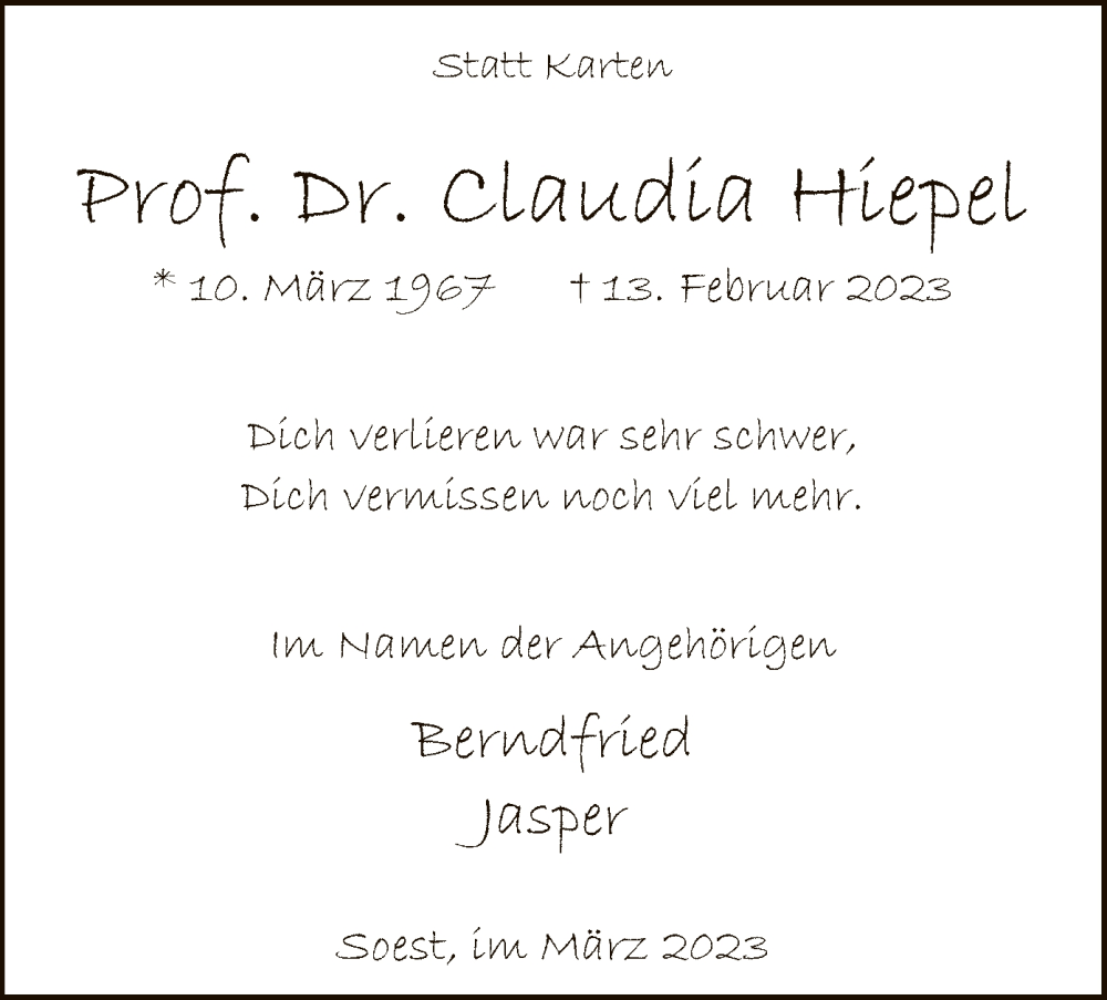  Traueranzeige für Claudia Hiepel vom 25.03.2023 aus WA