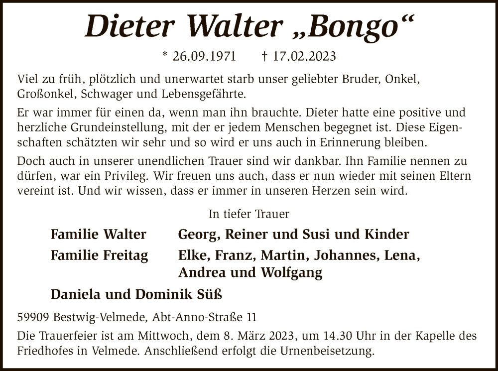  Traueranzeige für Dieter Walter vom 04.03.2023 aus WA