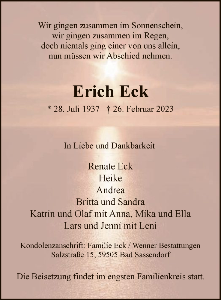 Traueranzeige für Erich Eck vom 01.03.2023 aus WA