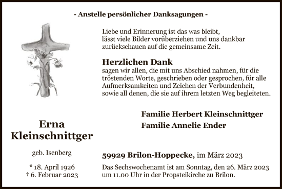 Traueranzeige von Erna Kleinschnittger von WA