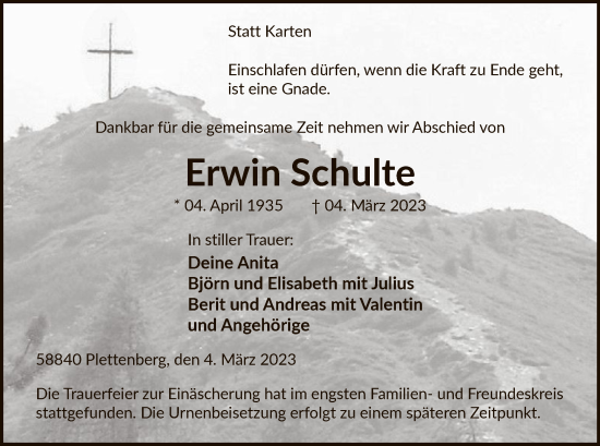 Traueranzeige von Erwin Schulte von WA