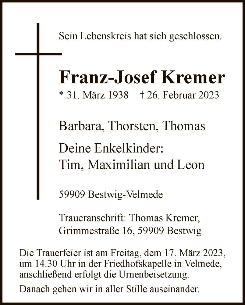  Traueranzeige für Franz-Josef Kremer vom 11.03.2023 aus WA
