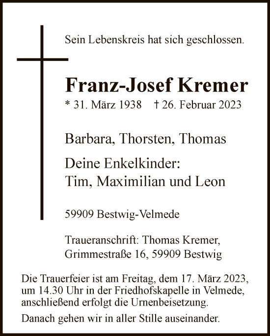 Traueranzeige von Franz-Josef Kremer von WA