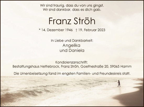 Traueranzeige von Franz Ströh von WA