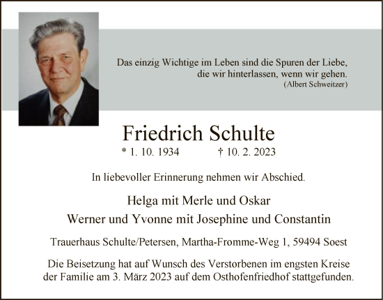 Traueranzeige von Friedrich Schulte von WA