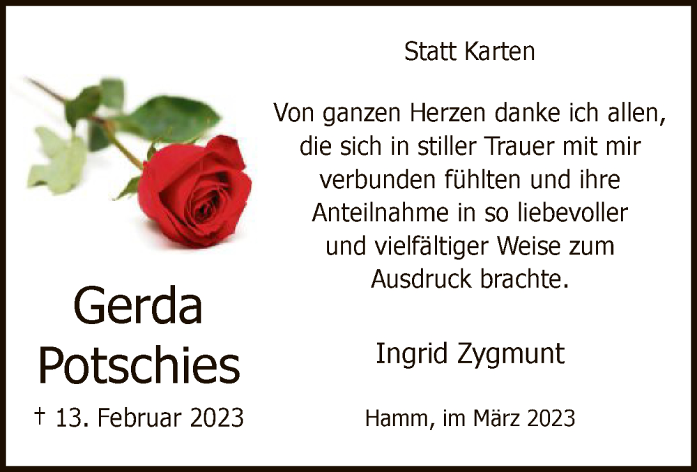  Traueranzeige für Gerda Potschies vom 18.03.2023 aus WA