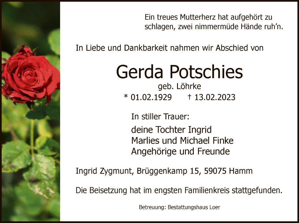  Traueranzeige für Gerda Potschies vom 04.03.2023 aus WA