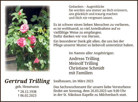Traueranzeige von Gertrud Trilling von WA