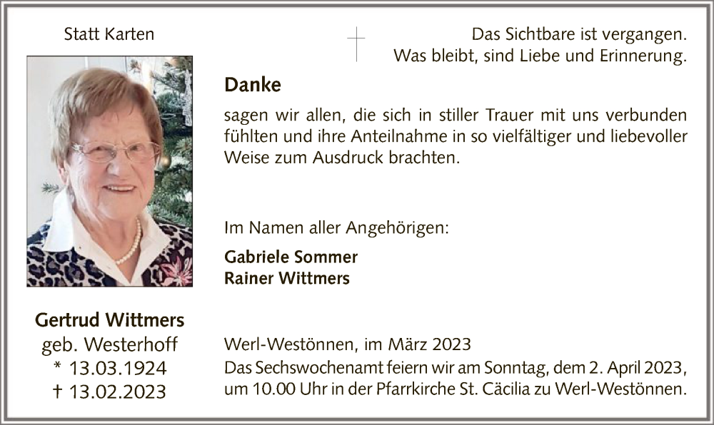  Traueranzeige für Gertrud Wittmers vom 18.03.2023 aus WA