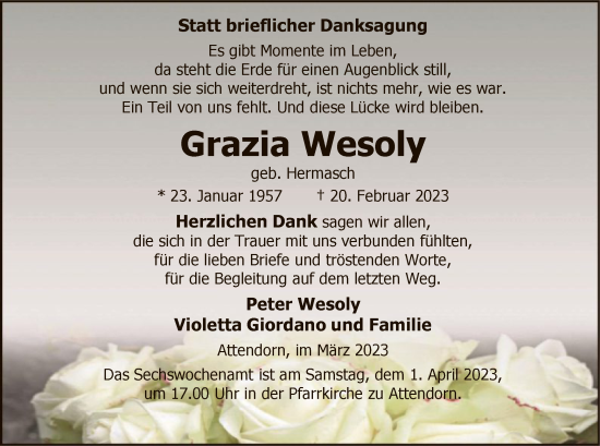 Traueranzeige von Grazia Wesoly von WA