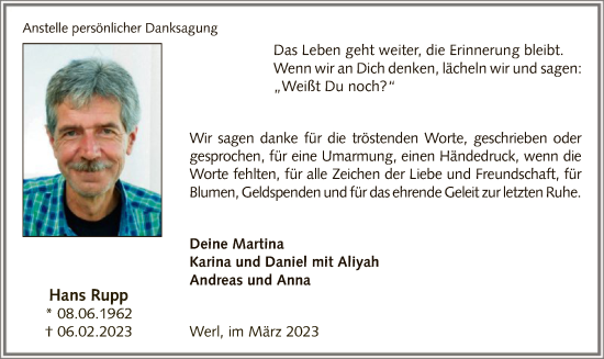Traueranzeige von Hans Rupp von WA