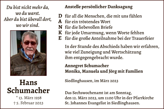 Traueranzeige von Hans Schumacher von WA