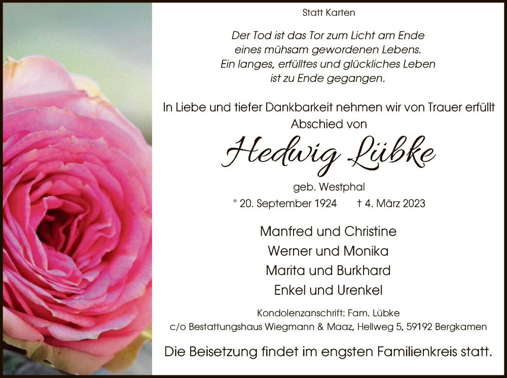  Traueranzeige für Hedwig Lübke vom 11.03.2023 aus WA