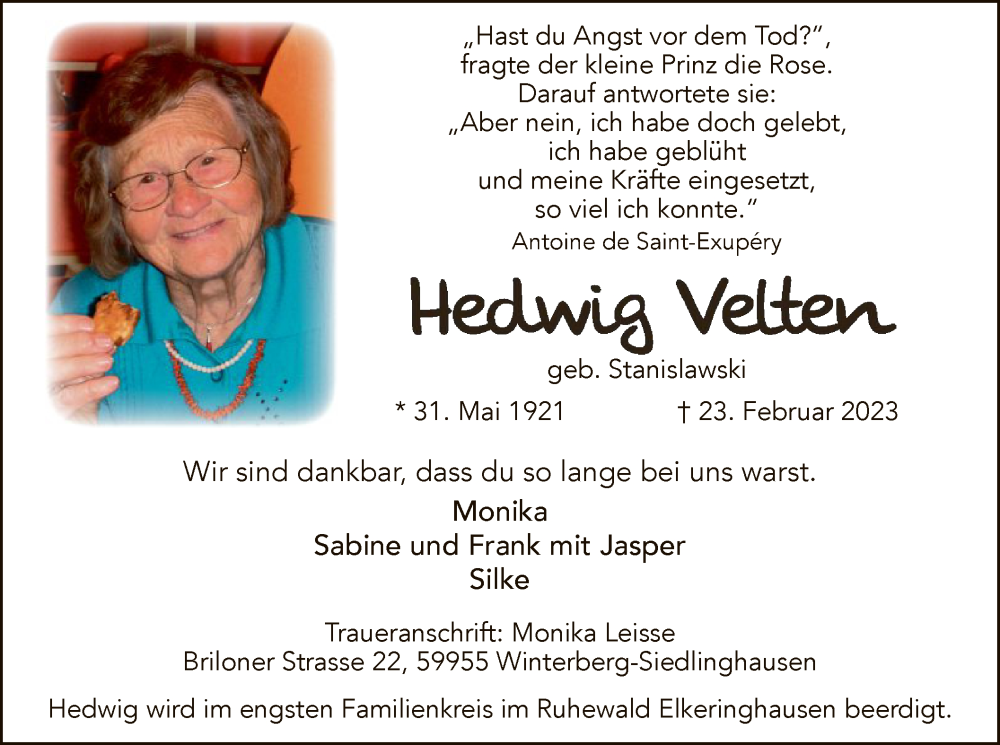 Traueranzeige für Hedwig Velten vom 04.03.2023 aus WA