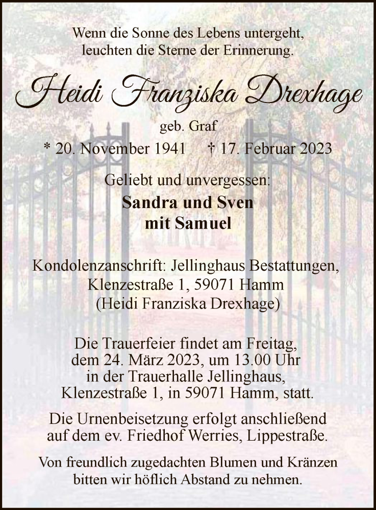 Traueranzeige für Heidi Franziska Drexhage vom 18.03.2023 aus WA