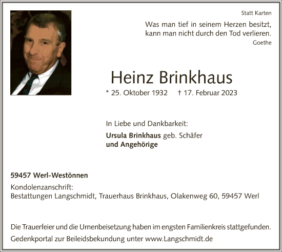 Traueranzeige von Heinz Brinkhaus von WA