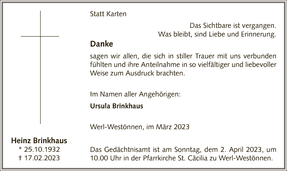 Traueranzeige für Heinz Brinkhaus vom 25.03.2023 aus WA