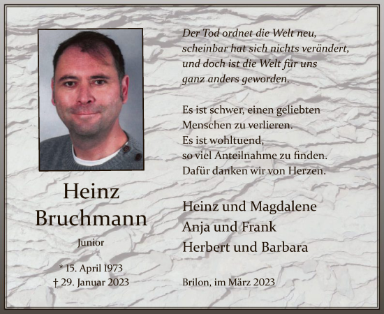 Traueranzeige von Heinz Bruchmann von WA